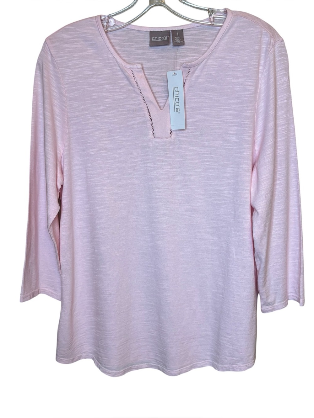 NWT Chicos Trina Notch Neck Top Medium Rose Pink Cotton Modal 3/4 Sleeves Beach